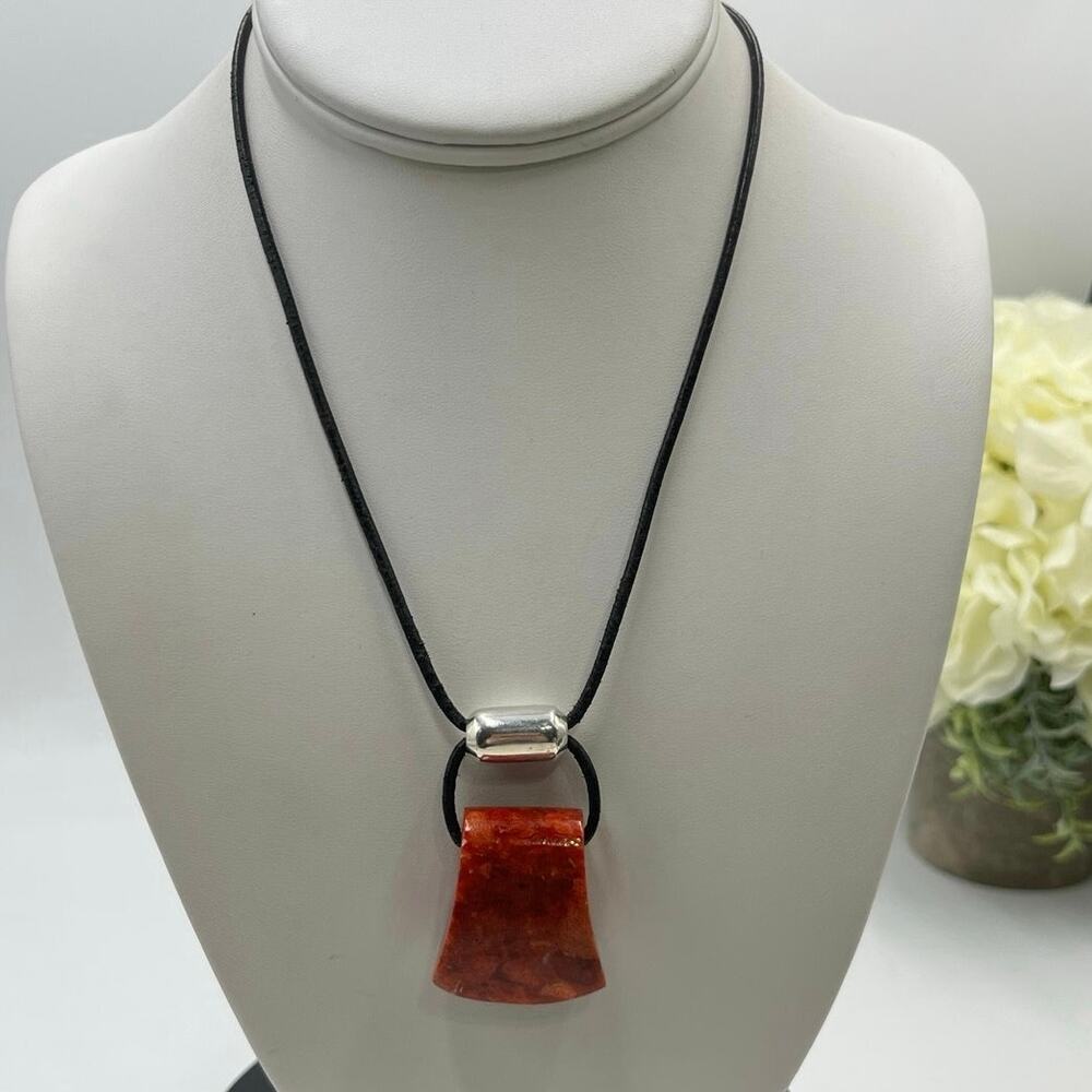 Silpada Sterling Silver Black Leather Cardinal Rule Coral Pendant Necklace N0965